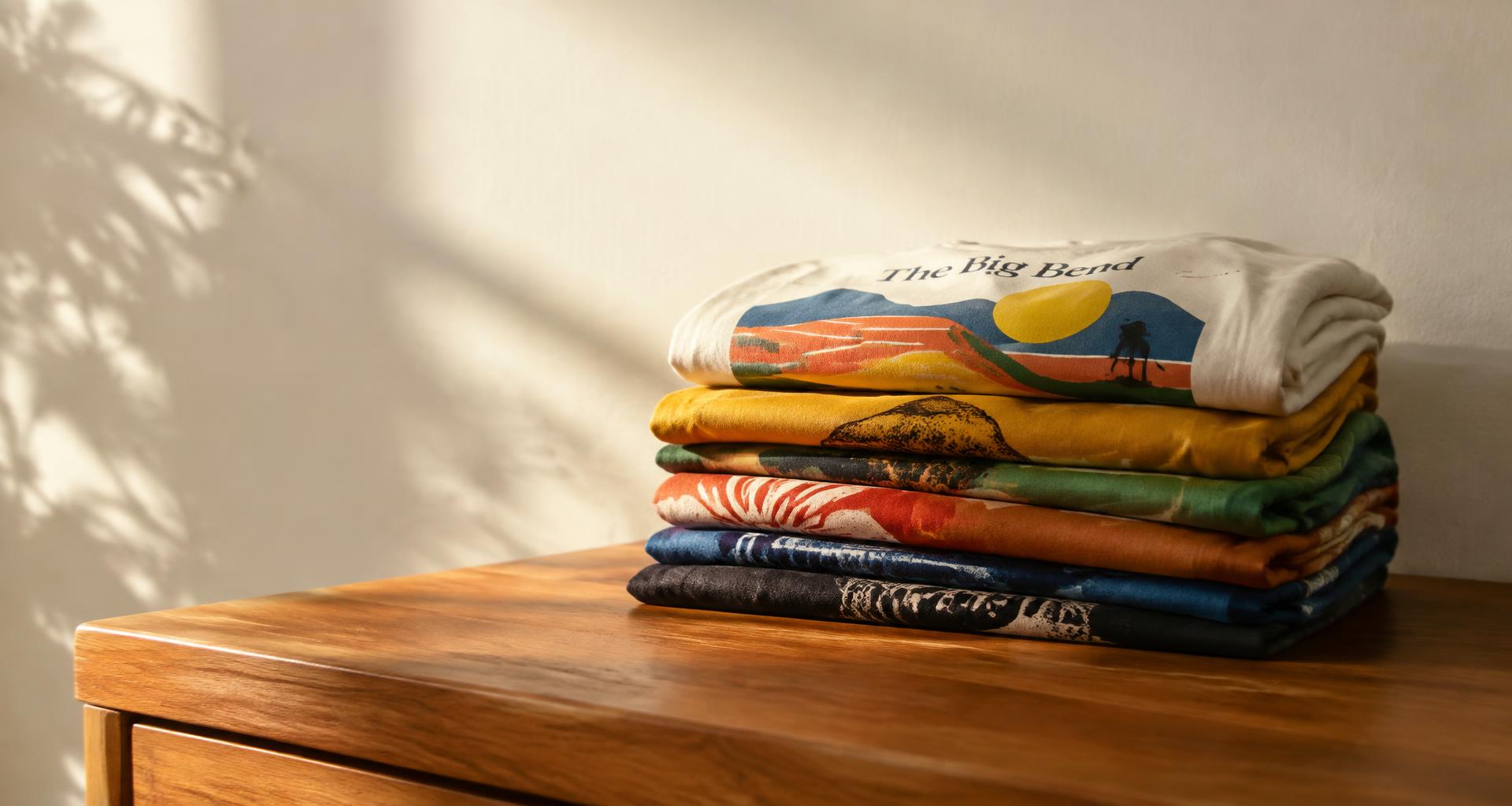 Stack of folded TeeSpirit graphic tees in warm sunlight